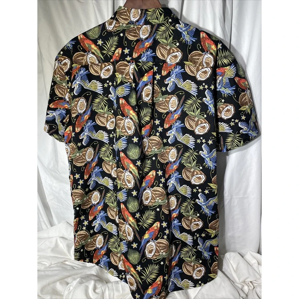 High Surf Island Men's Hawaiian Shirt L Black‎ W/Parrots & Coconuts Floral